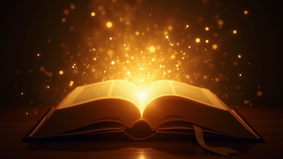 Livro dourado brilhando com energia mística.