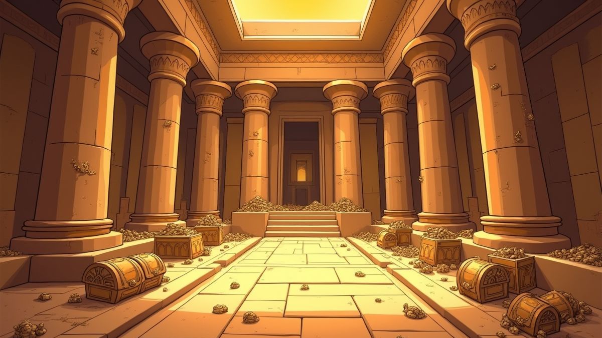 Interieur van een Egyptische tempel met verspreide schatten.