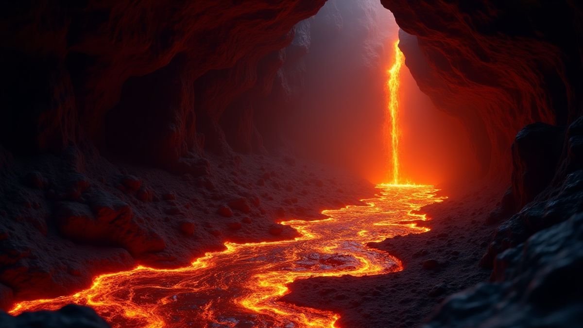 Burning lava in a dark cavern.