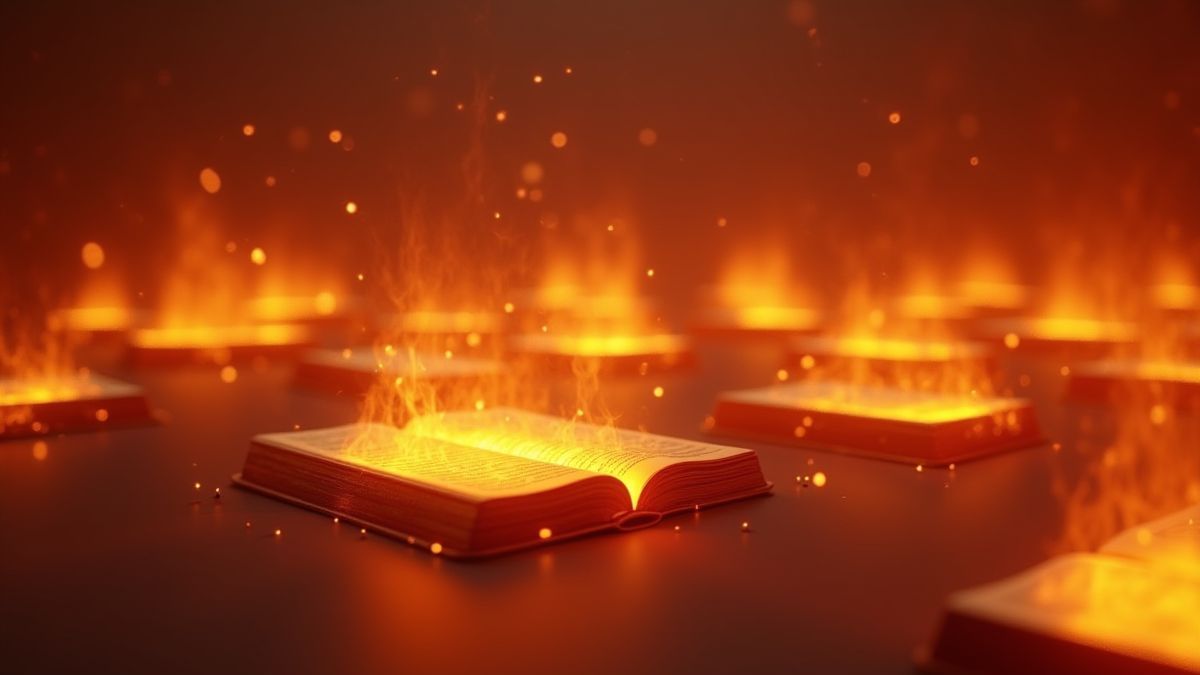 Glowing books floating in a fiery setting.