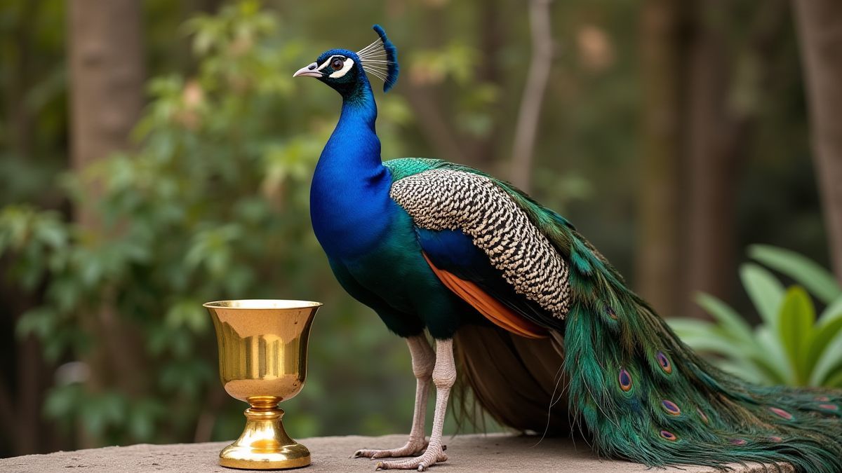 Majestätischer Pfau neben einem goldenen Kelch in einem römischen Garten.