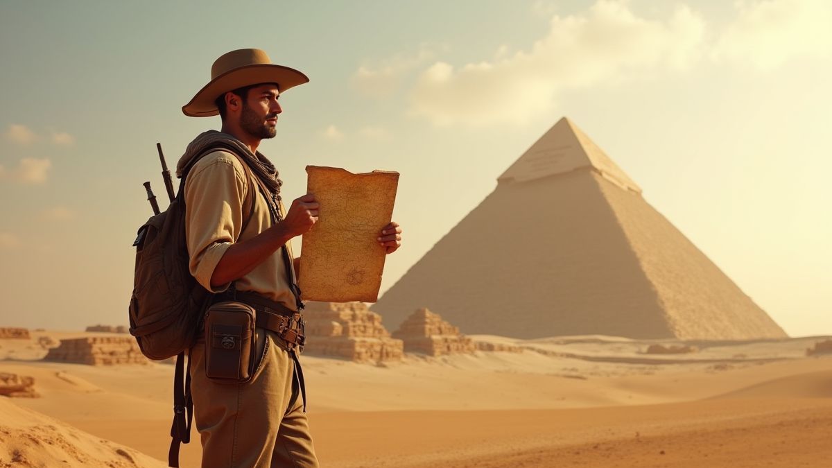 Ontdekkingsreiziger met een kaart voor een Egyptische piramide.