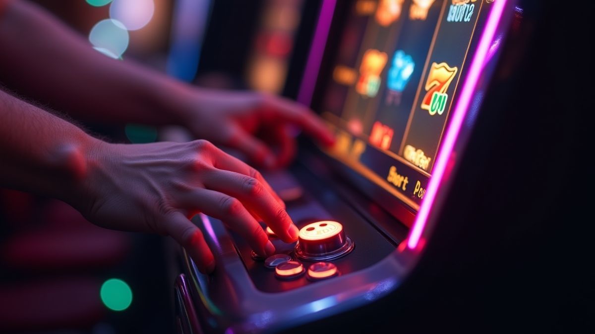 Speler in een casino die de draaiknop op de gokkast indrukt.