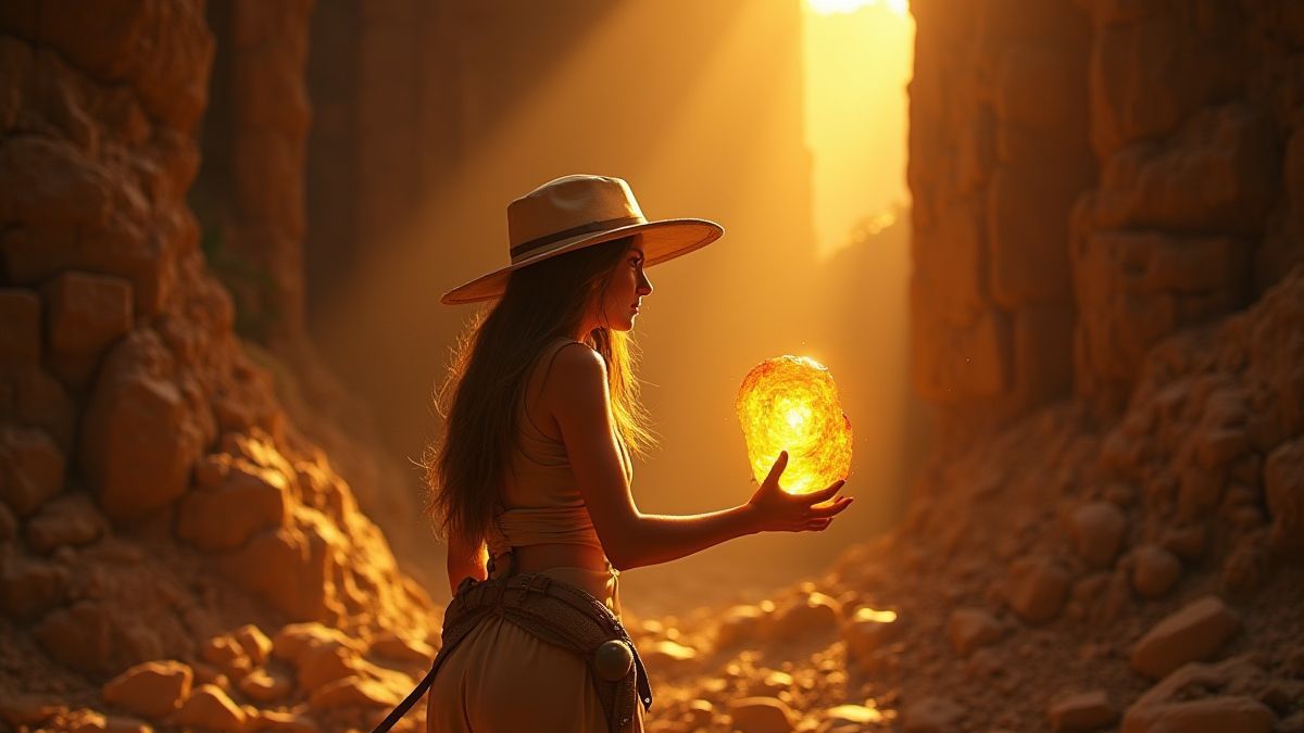 Explorer holding a golden artifact inside a pyramid.
