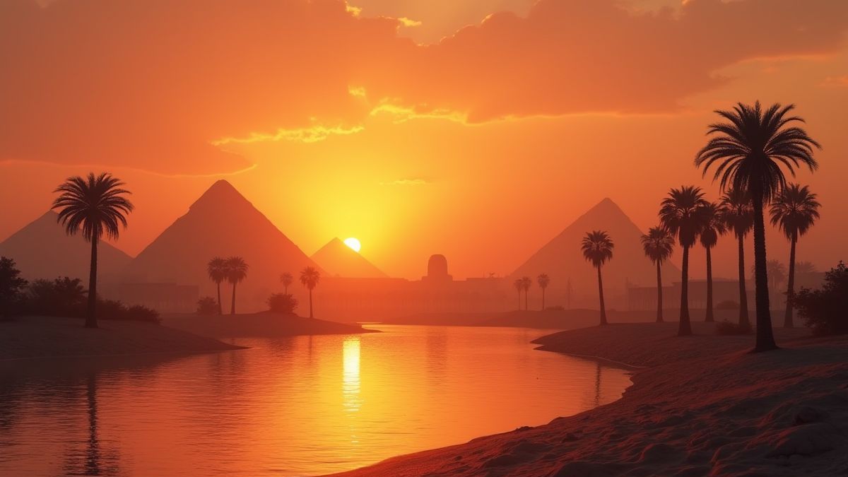 Río Nilo al atardecer con templos de Luxor al fondo.