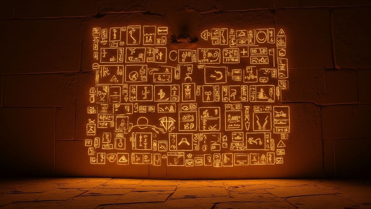 Jeroglíficos egipcios brillando en una pared de piedra.