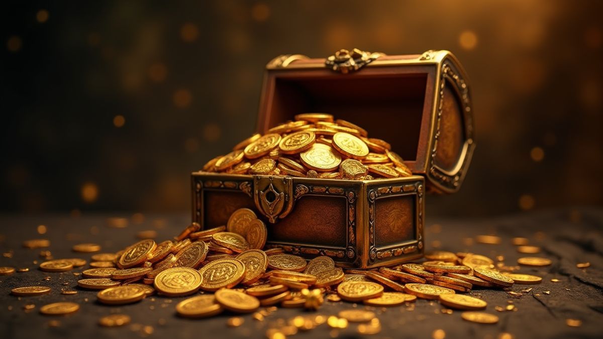 Monedas y joyas doradas saliendo de un cofre antiguo.