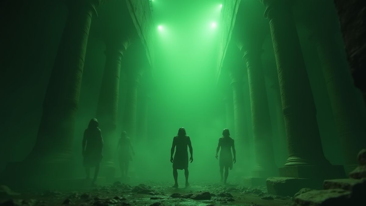 An Egyptian tomb surrounded by green mist with zombie figures emerging.