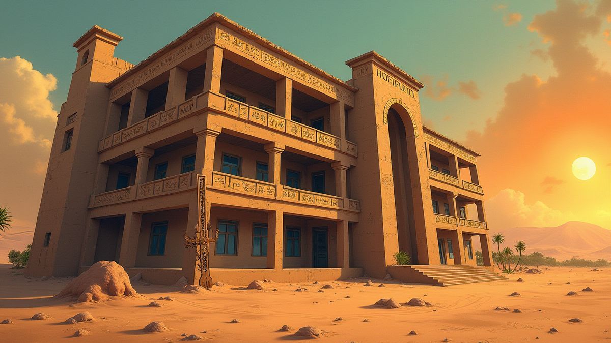 A creepy hospital in the desert with Egyptian hieroglyphs on its walls.