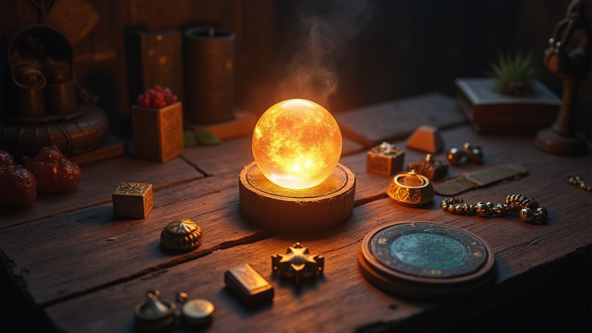 Uma bola de cristal brilhando entre artefatos mágicos.