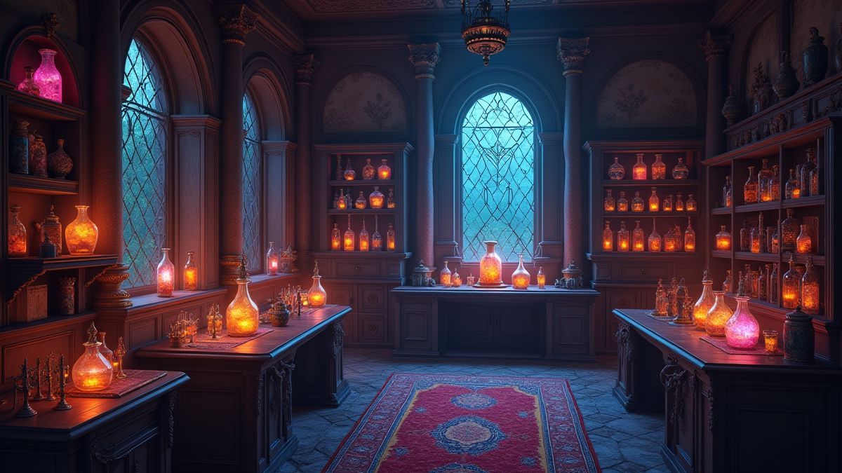 A magical room filled with potions and artifacts.