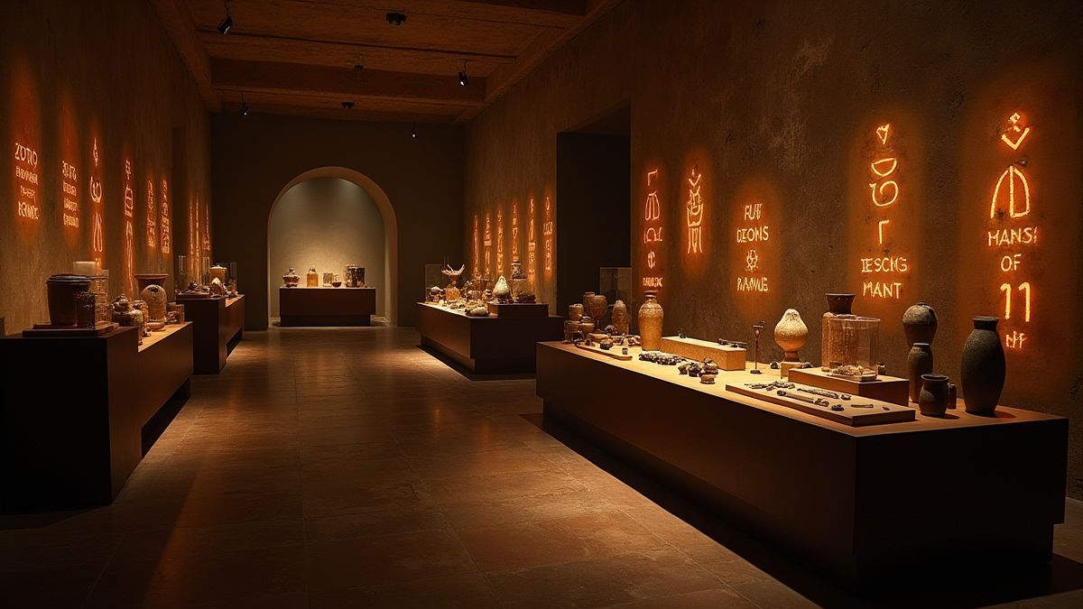 Artefatos antigos em uma sala de museu com runas brilhantes nas paredes.