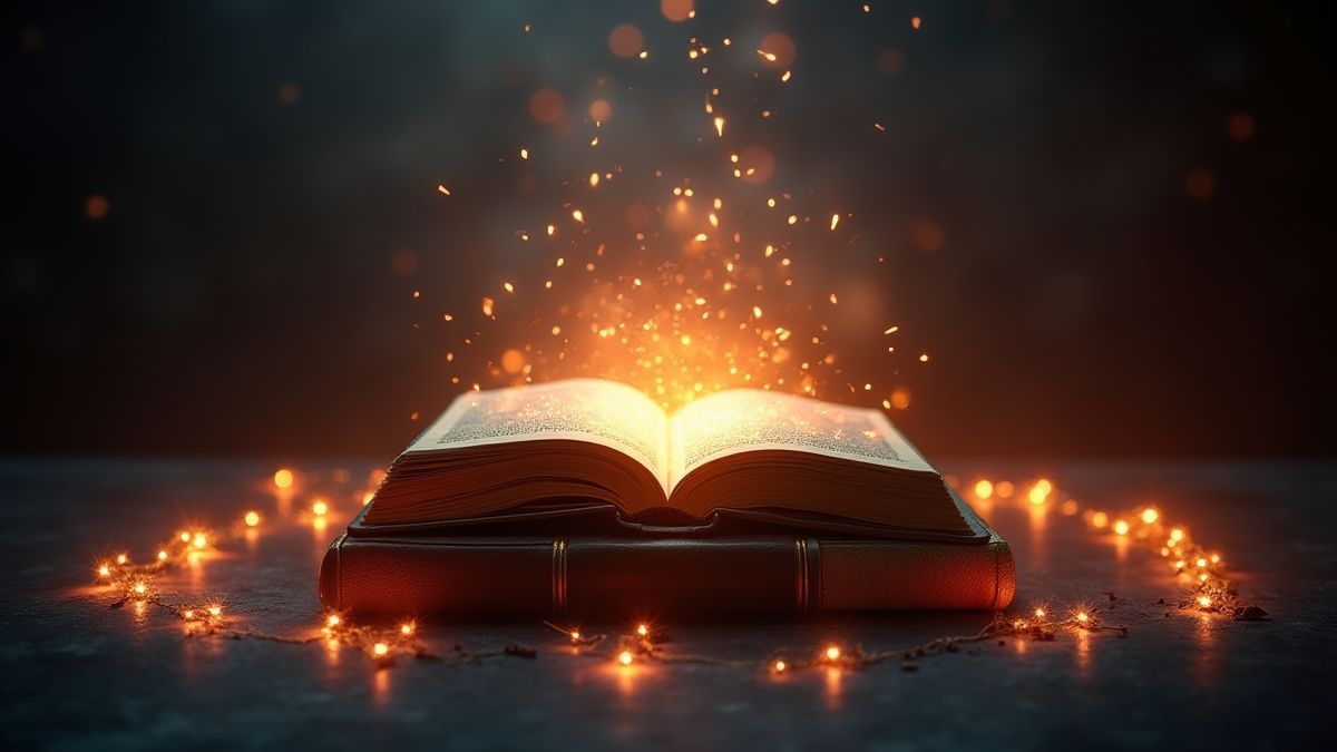 Magisches Buch umgeben von leuchtenden Lichtern.