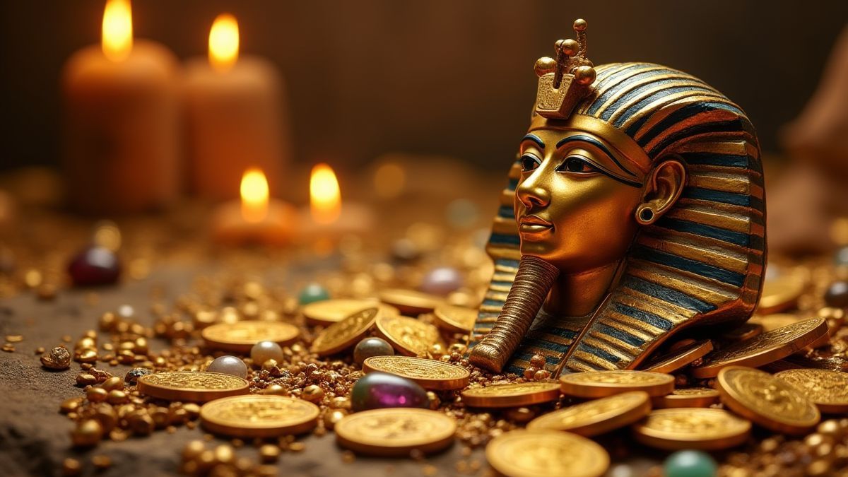 Tesoros egipcios antiguos con monedas de oro y una máscara de faraón