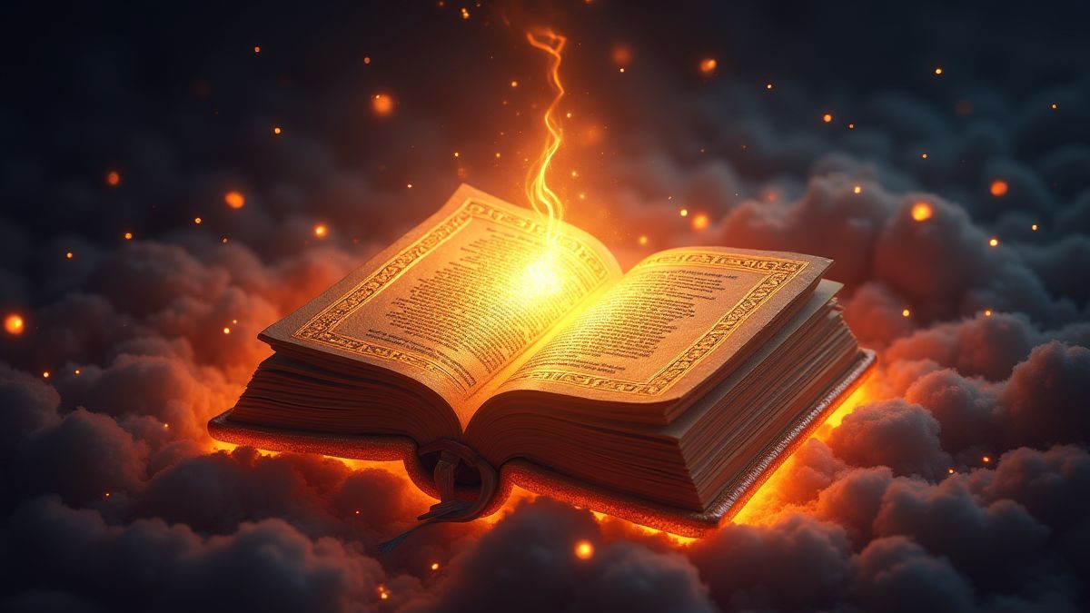 Livro egípcio brilhante rodeado de energia mística