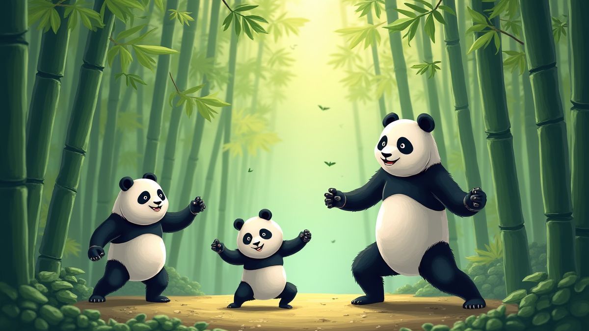 Panda's die vechtsporten beoefenen in een bamboebos.