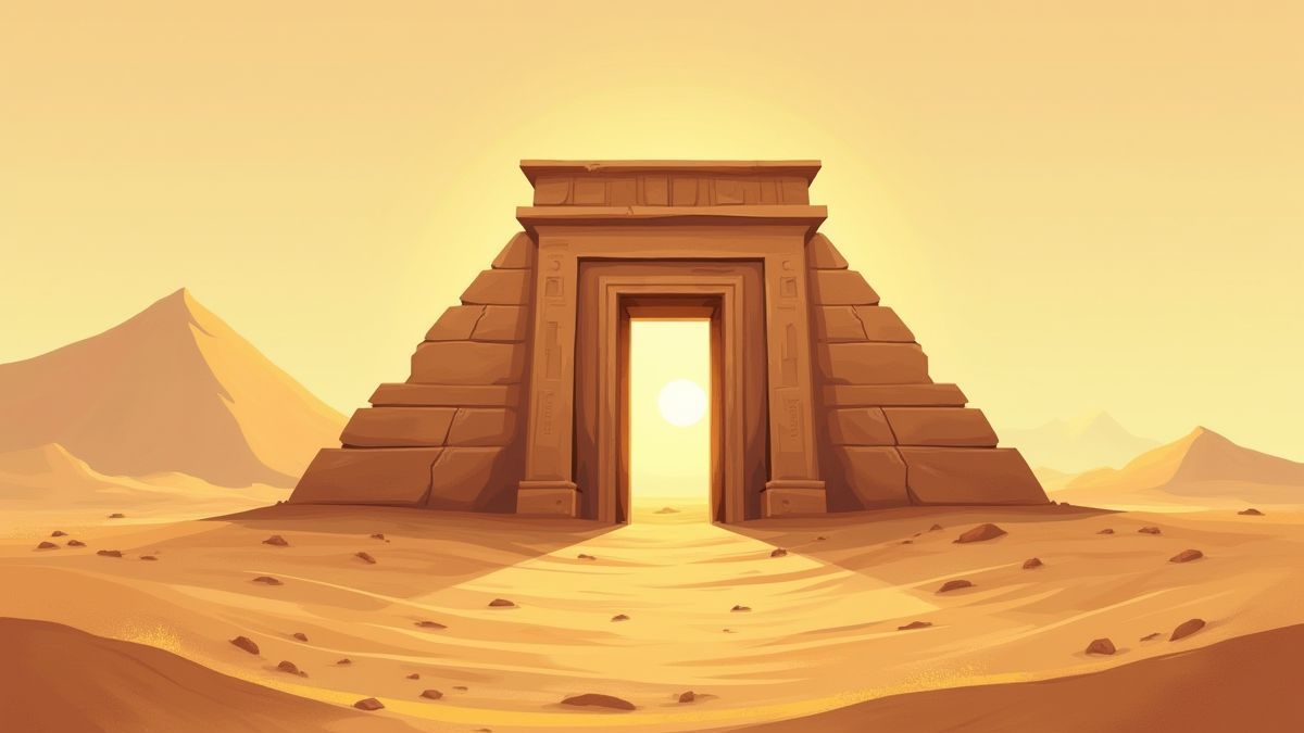 Entrada de un templo egipcio rodeado de dunas del desierto.