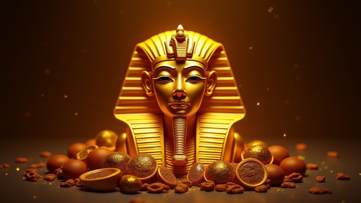 Máscara dorada del faraón rodeada de tesoros brillantes.