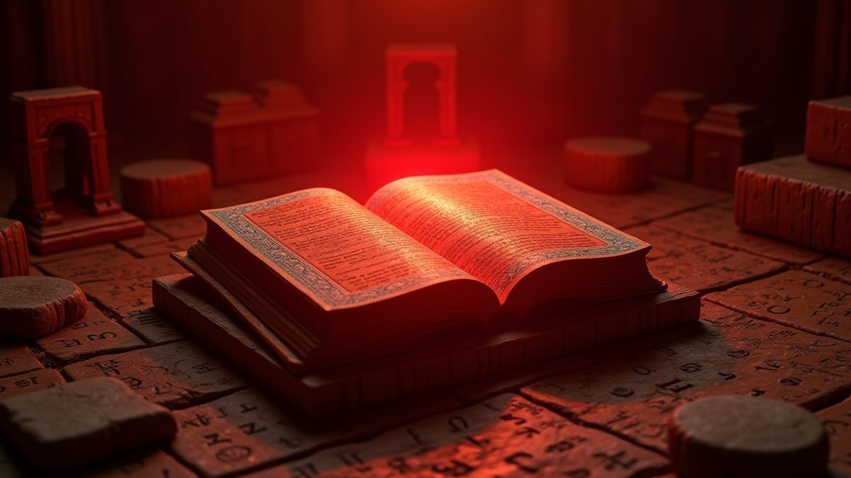 Rood boek omringd door Egyptische hiërogliefen in een mystieke tempel.
