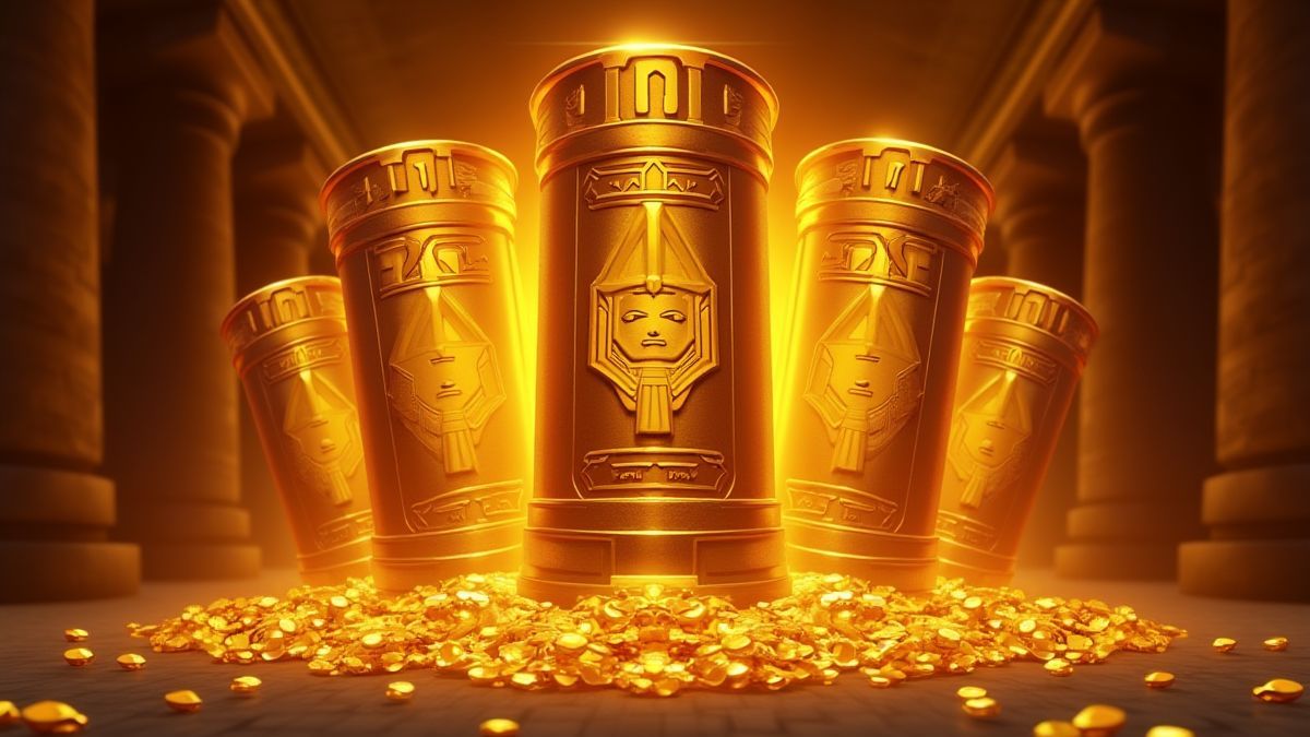Gouden rollen die fel oplichten in een Egyptische tempelsetting, met uitbreidende hiëroglief symbolen.