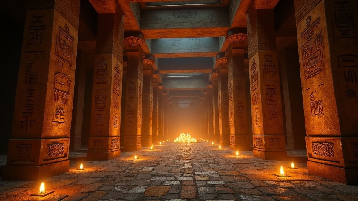 Mysterieus Egyptisch tempel met gloeiende hiërogliefen en verspreide schatten.