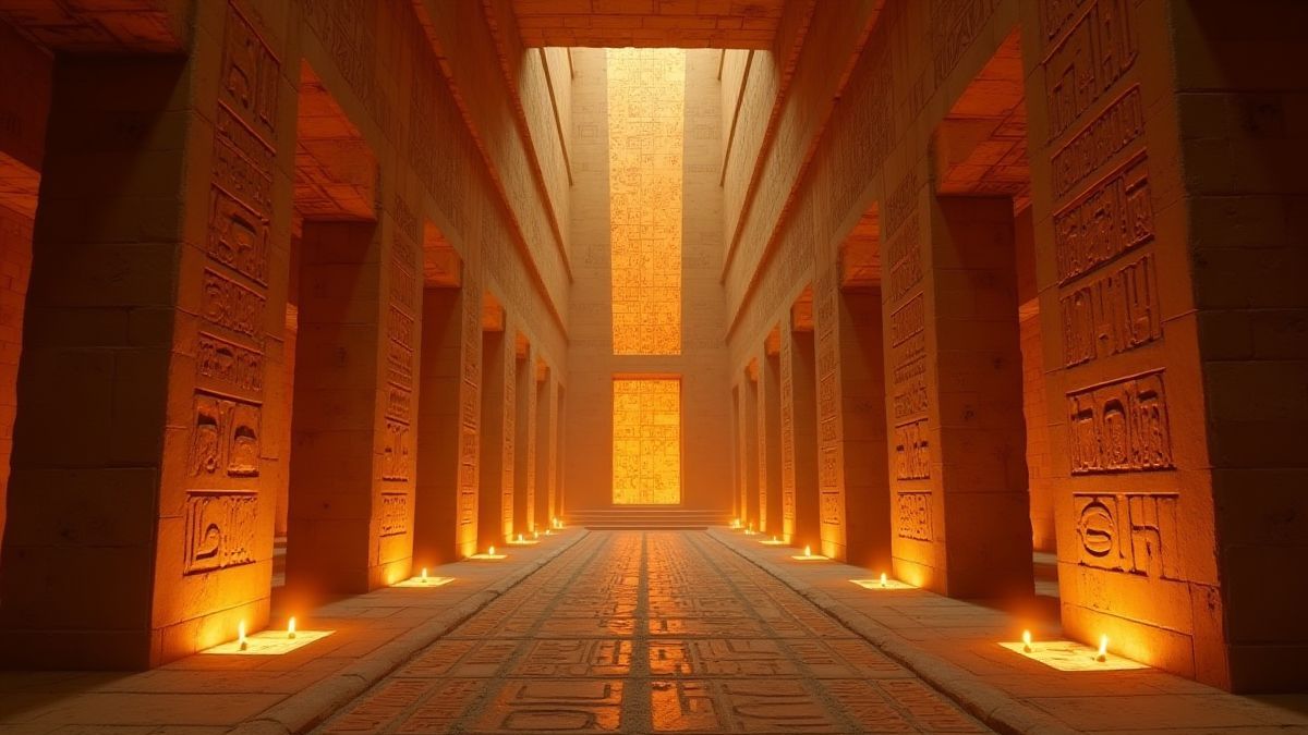 Interior of an Egyptian pyramid with illuminated hieroglyphics.