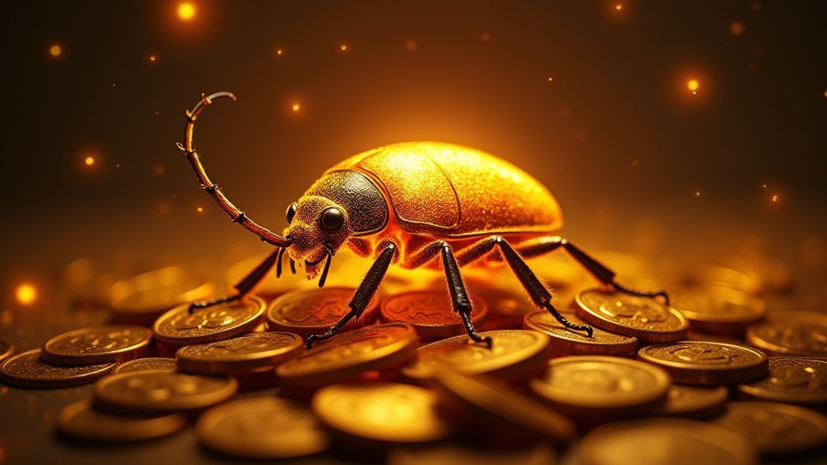 Shiny scarab surrounded by golden coins and hieroglyphics.