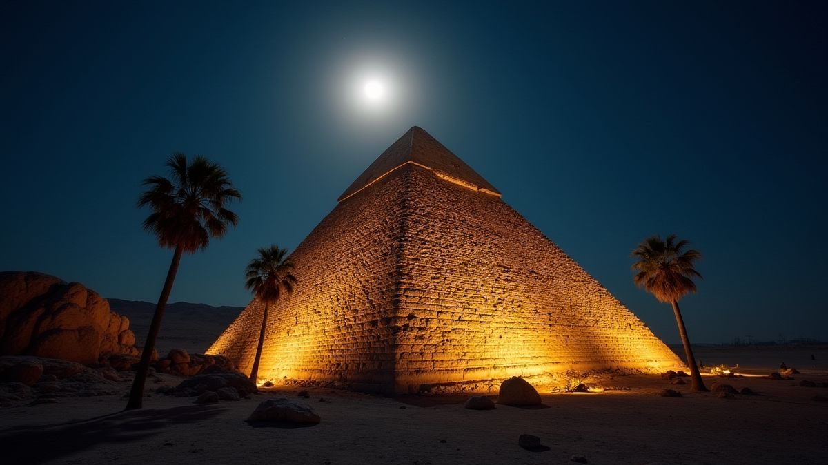 Pirámide egipcia iluminada por la luz de la luna.