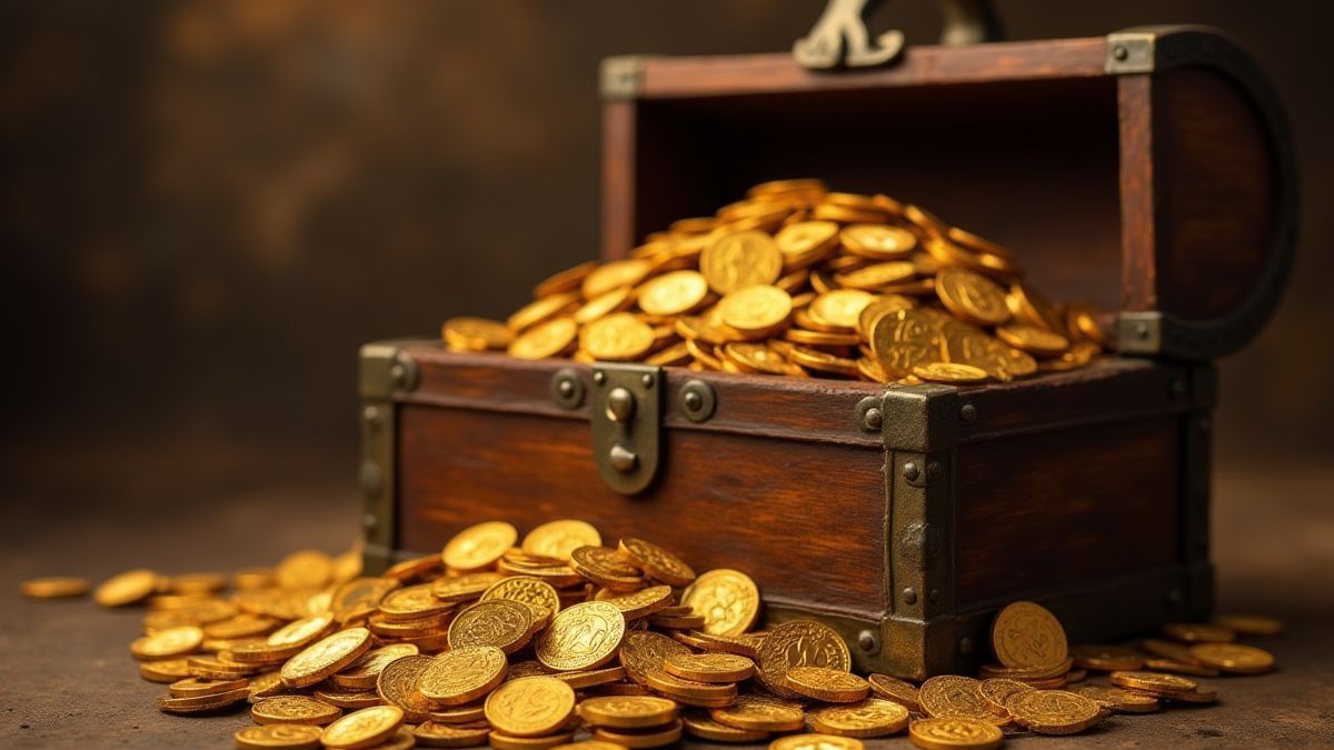 Monedas de oro y tesoros en un antiguo cofre.
