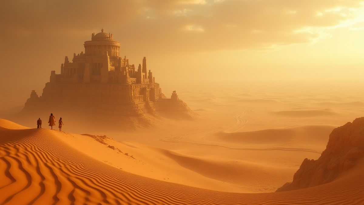 Escena mística del desierto con dunas y ruinas antiguas.