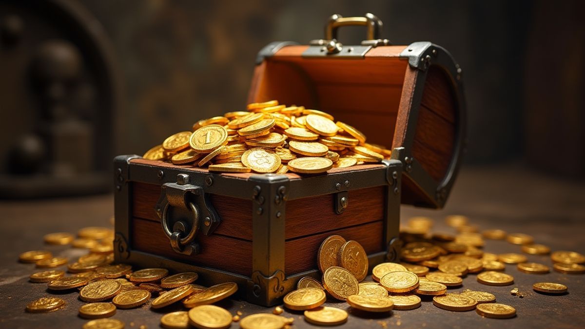 Een schatkist vol met gouden munten en oude artefacten.