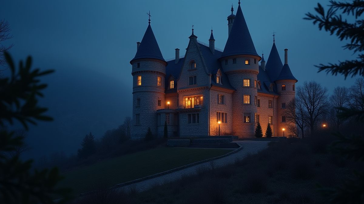 Castillo medieval iluminado por la noche