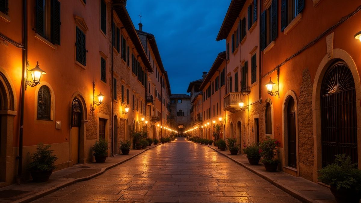 Calle medieval romántica iluminada con velas en Verona.