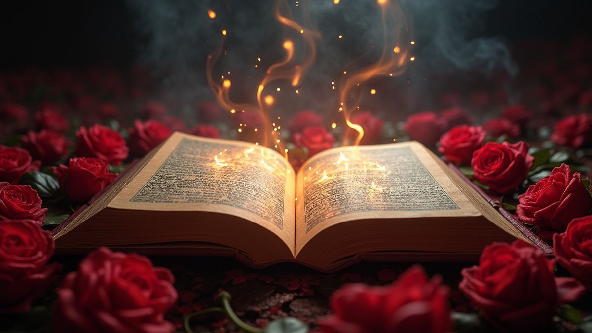 Libro mágico rodeado de rosas brillantes y dagas.