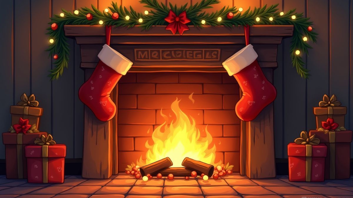 Uma lareira natalina com meias e um ambiente acolhedor.