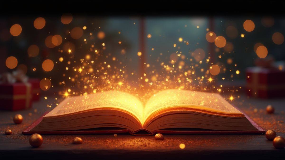 Um livro mágico brilhando com destelos dourados em um ambiente festivo.