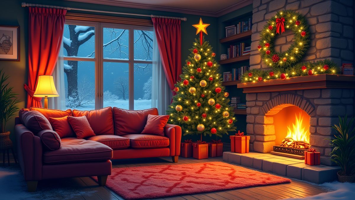 Uma sala natalina acolhedora com luzes brilhantes e neve fora da janela.