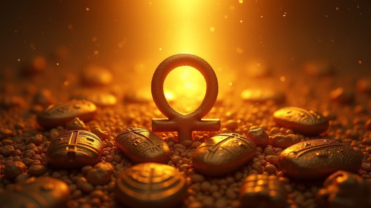 Ägyptische Symbole wie Skarabäen und Ankh unter goldenem Licht.