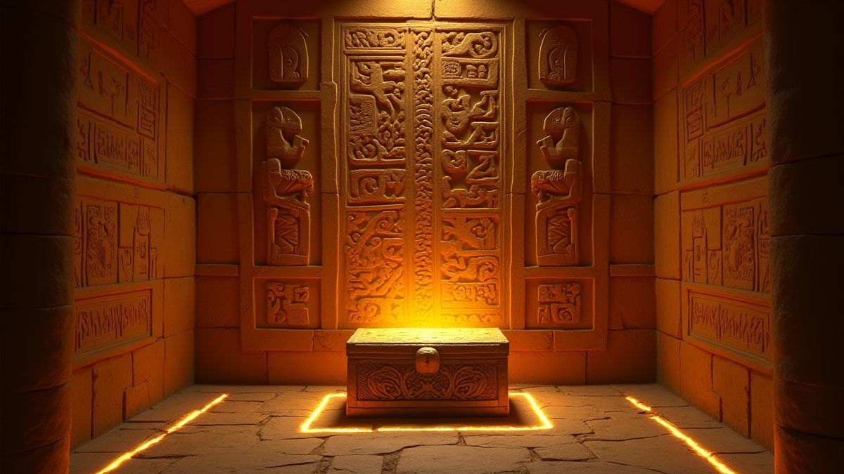 Tumba egípcia com hieróglifos luminosos e um baú do tesouro dourado.