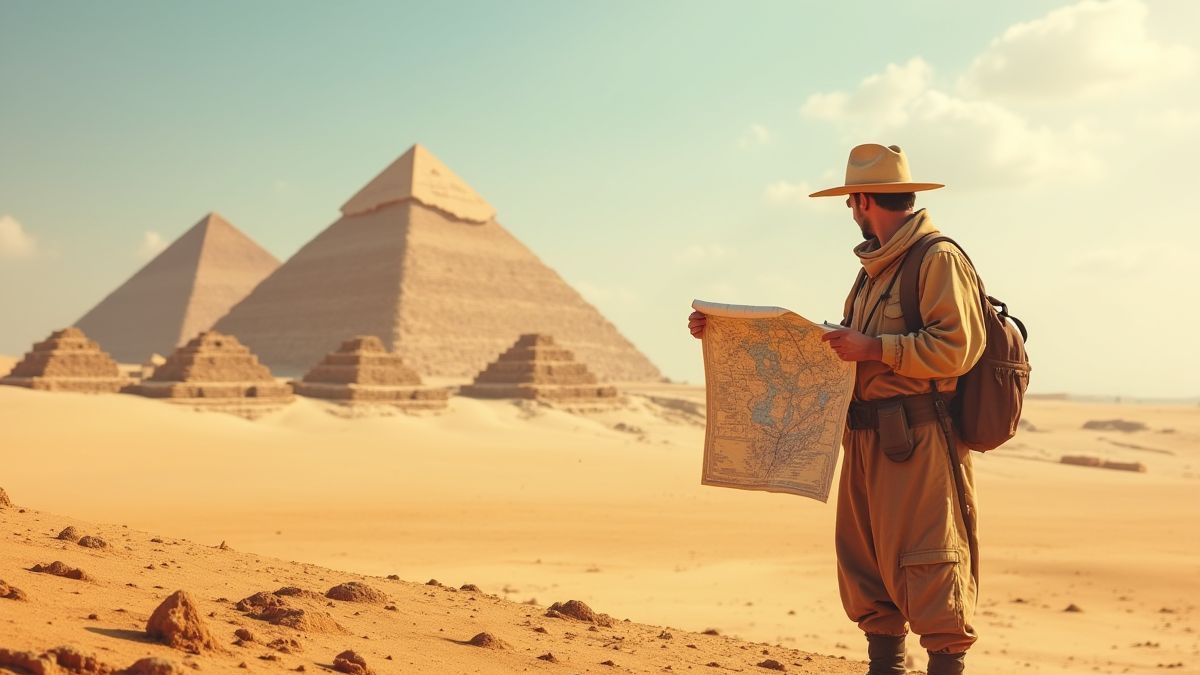 Cena do deserto com pirâmides e um arqueólogo segurando um mapa.