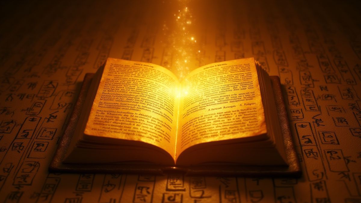 Ein goldenes Buch umgeben von ägyptischen Hieroglyphen.