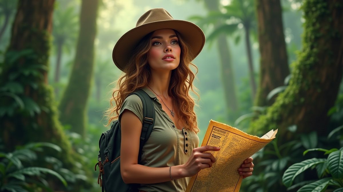 A daring adventurer in the jungle with a hat and a map.