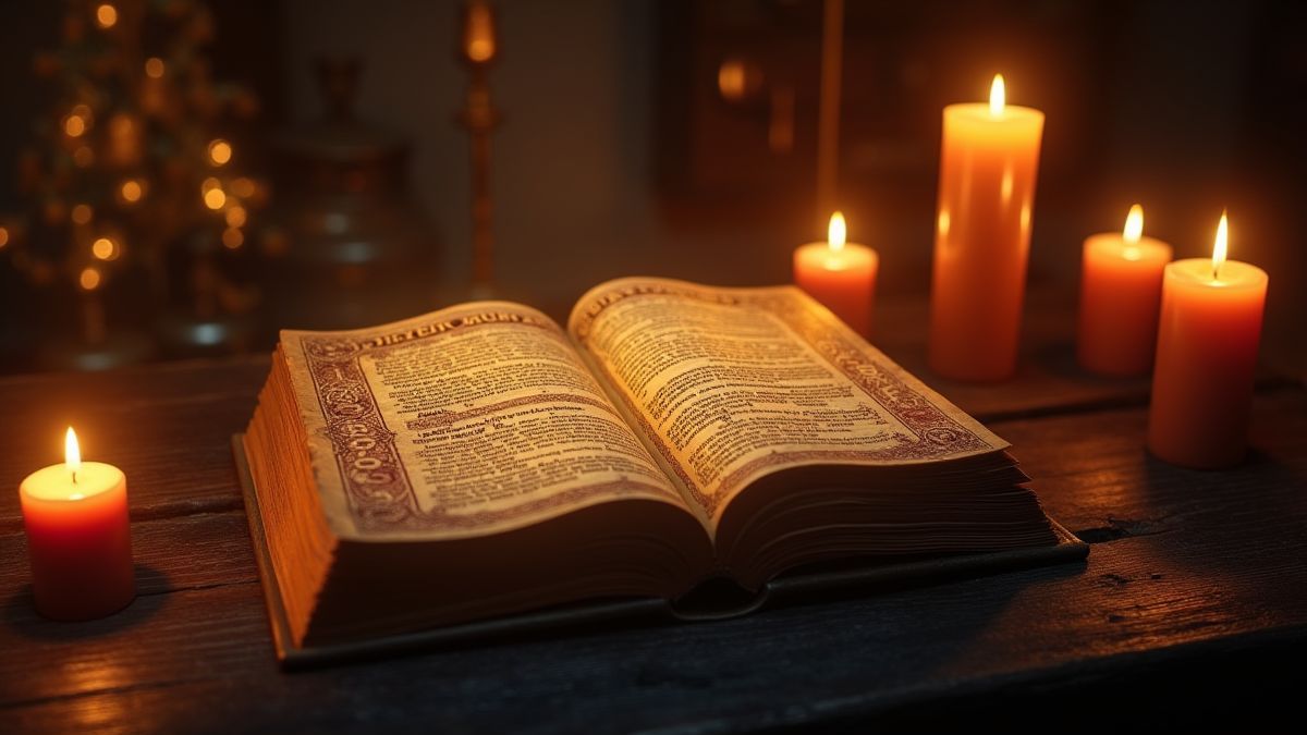 Ein leuchtendes mittelalterliches Buch mit magischen Runen auf einem Holztisch, umgeben von Kerzen.