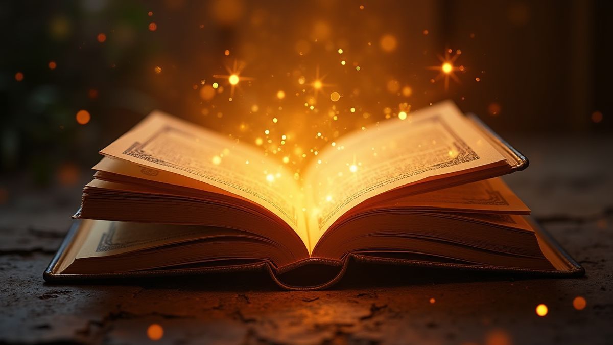 Ein mittelalterliches Zauberbuch, das goldenes Licht ausstrahlt, umgeben von magischen Funkeln.