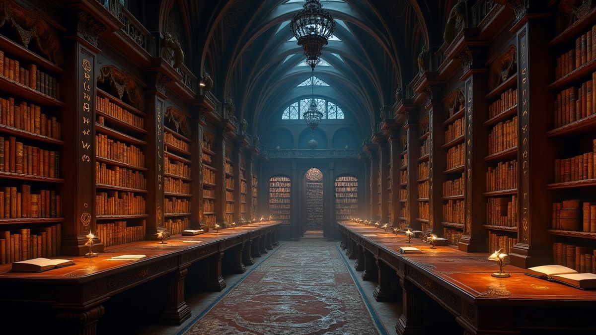Uma biblioteca encantada cheia de livros brilhantes e runas mágicas.