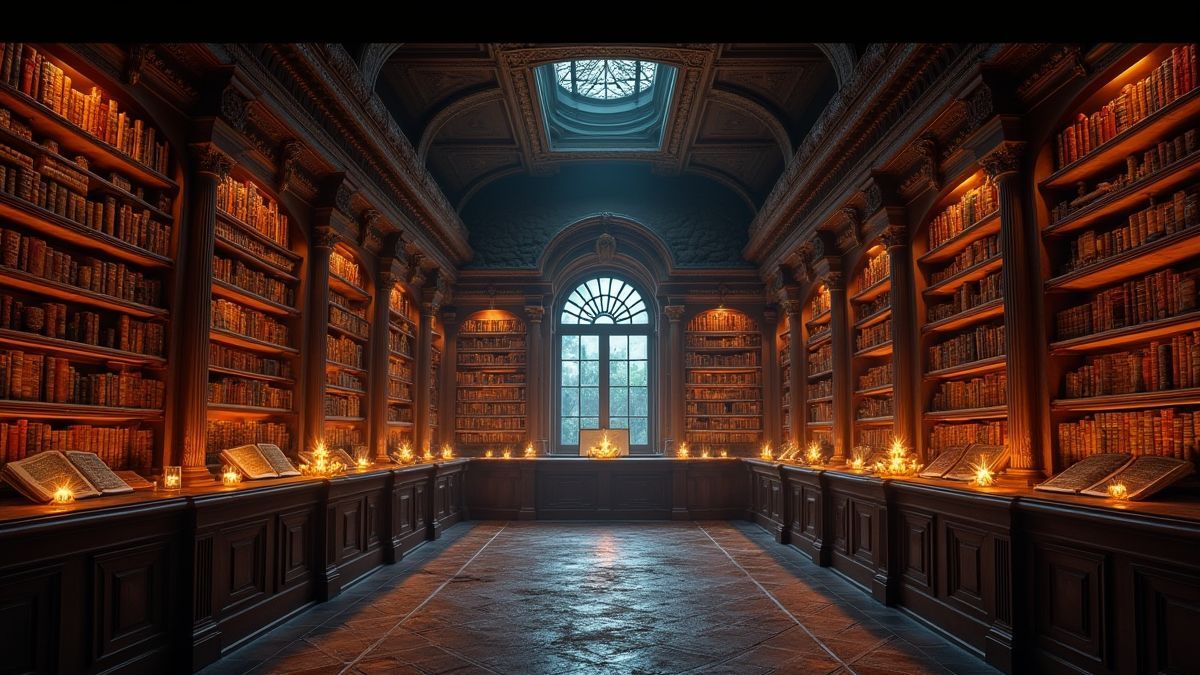 Eine mystische Bibliothek mit leuchtenden Regalen voller antiker Bücher und magischer Artefakte.
