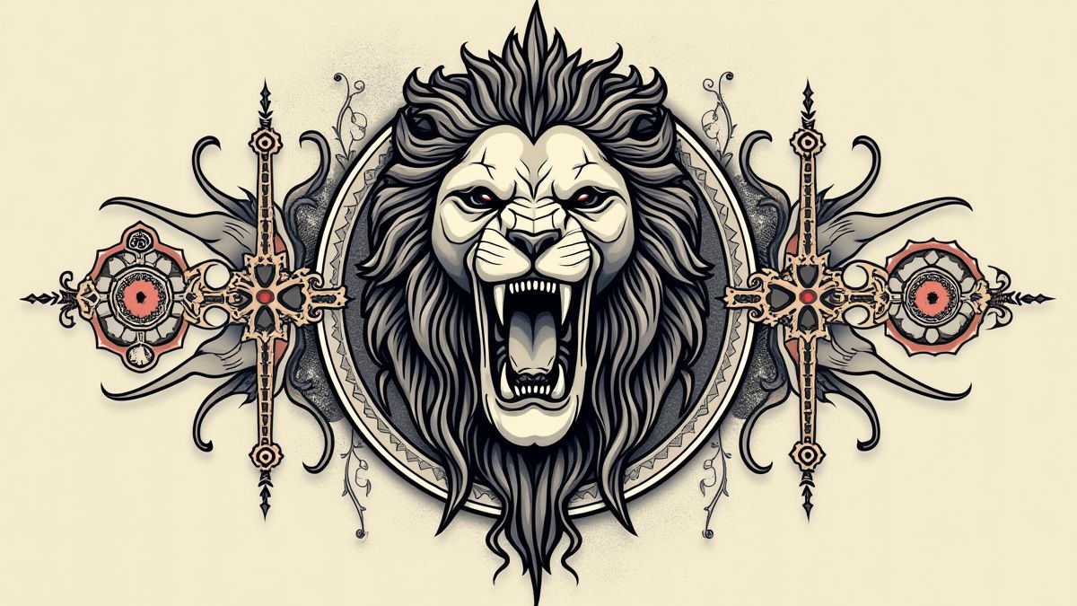 Diseño de tatuaje con un león y una calavera en un estilo artístico.