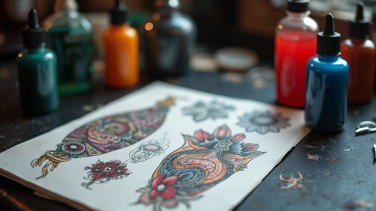 Mesa de trabajo de un tatuador con botellas de tinta y bocetos de tatuajes.