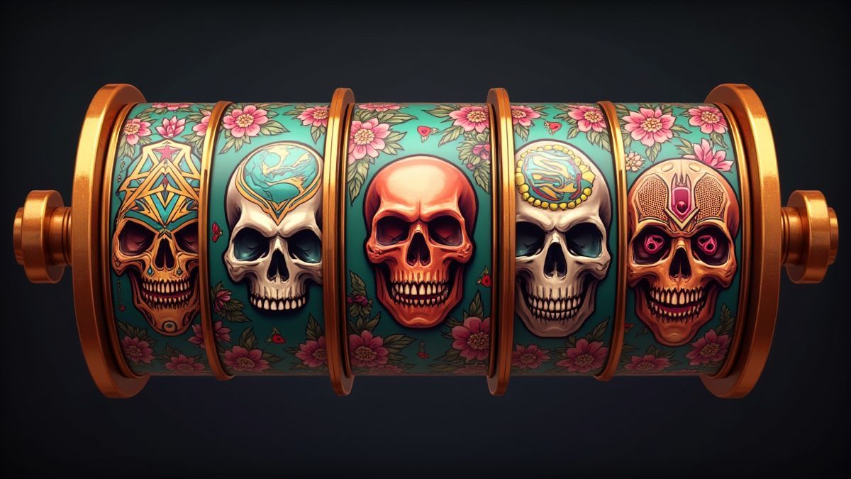 Carrete giratorio con símbolos inspirados en tatuajes vibrantes.