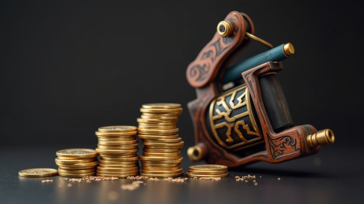 Montón de monedas junto a una máquina de tatuar.